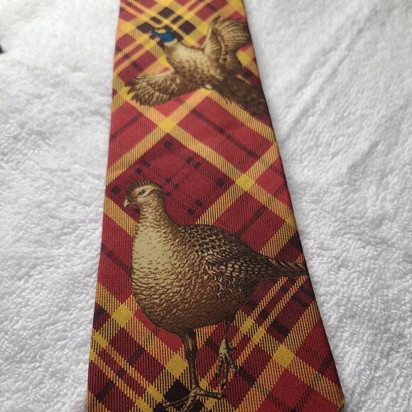 Nautica red yellow plaid pheasant bird silk tie - Picture 5 of 7